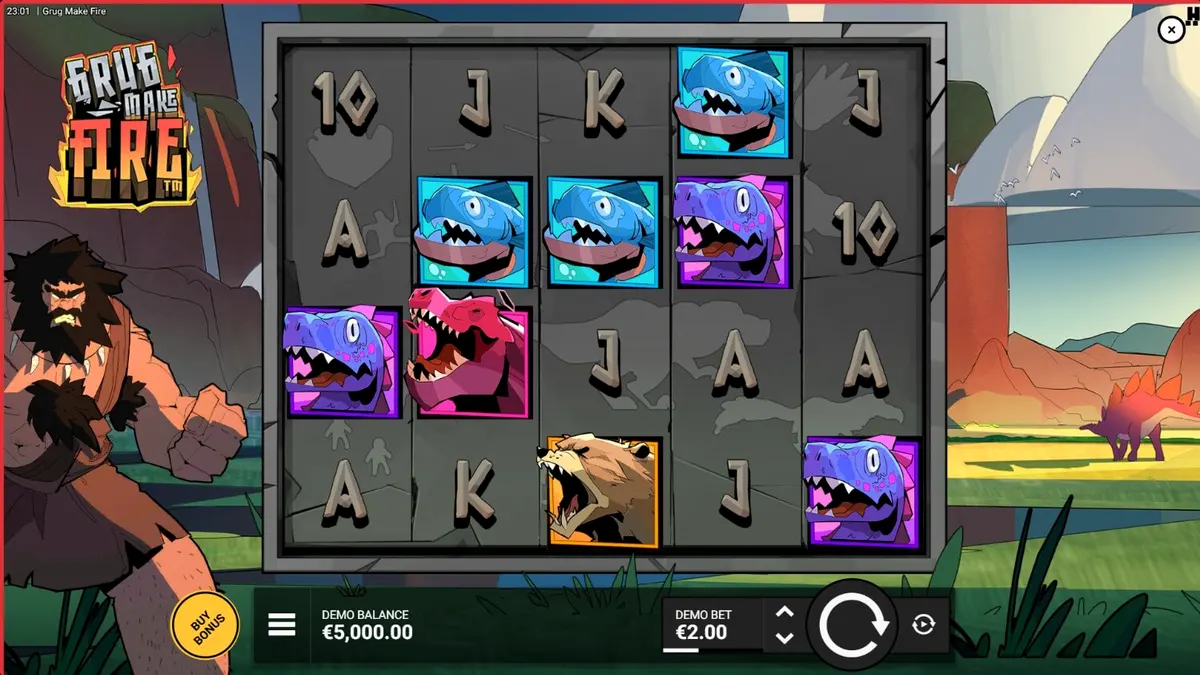 Tampilan layar slot Grug Make Fire dengan karakter manusia gua Grug dan simbol-simbol prasejarah yang membara, dioptimalkan untuk perangkat seluler.